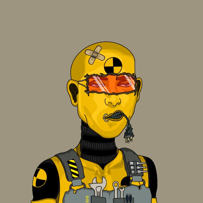 Illustration of a yellow-skinned character wearing orange sunglasses, a band-aid, radiation symbol, and overalls with tools, with an electrical plug in the mouth.