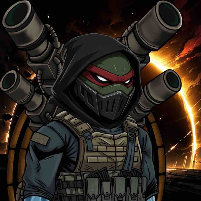 A stylized digital illustration depicts an armored character wearing a red mask and a hood, equipped with a tactical vest and large weapon pods on its back against a cosmic background.