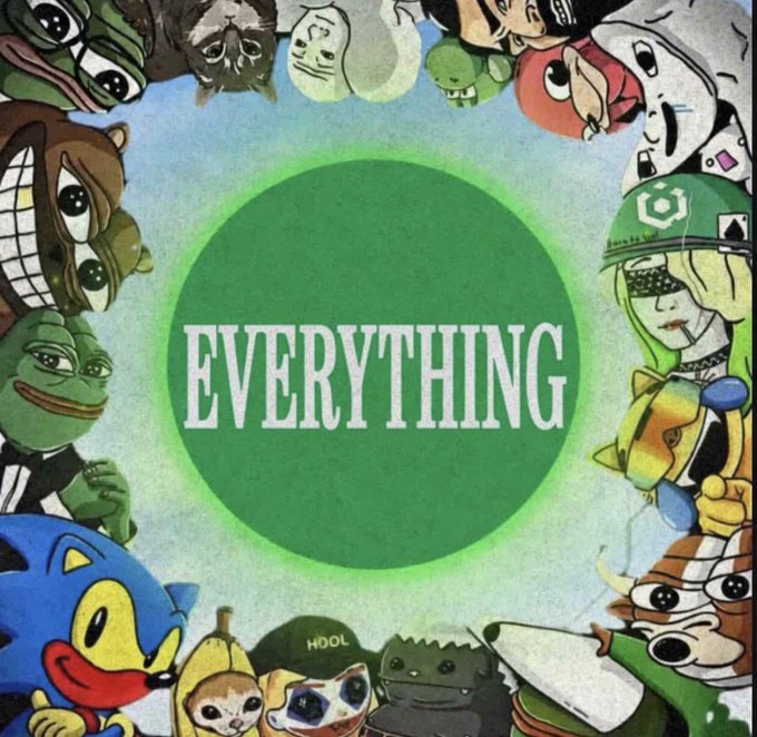 The image features a group of cartoon characters, including a blue dog wearing sunglasses, surrounded by various other cartoon characters such as a cat with a green hat, a raccoon, and a frog. The text "EVERYTHING IS A MEMECOIN!" is written above them in white letters. This phrase emphasizes the idea that everything is connected or related to the meme featuring these cartoon characters.
