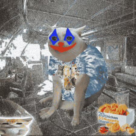 A surreal/AI-generated image of a gray dog wearing a Hawaiian shirt, with clown makeup painted on its face, sitting inside a car next to a McDonald's Chicken McNuggets box.