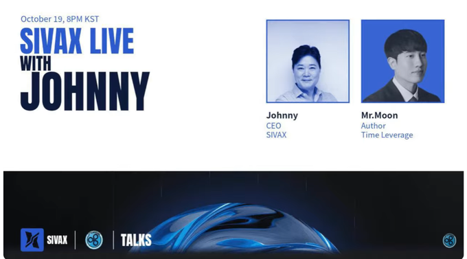 A promotional graphic for 'SIVAX LIVE WITH JOHNNY' on October 19, 8PM KST, featuring portraits of Johnny (CEO, SIVAX) and Mr.Moon (Author of 'Time Leverage'), along with SIVAX and TALKS logos.