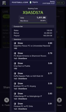 A screenshot of the Football.com betting app showing a "Booster Code" entry for "X9A5D57A" with odds of 1,411.96, followed by an examples list featuring various clubs including Aston Villa, Juventus, Cruz Azul, and Fiorentina with their respective draws and odds ranging from 2.77 to 3.00. The post references a 7/7 FTX (full-time results) betting slip involving multiple users, aligning with the accumulator-style betting code displayed in the app.