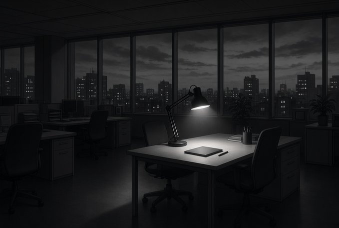 A moody, monochromatic illustration of an empty office at night with city lights visible through large windows, featuring a single illuminated desk lamp casting light on a notepad and pen.