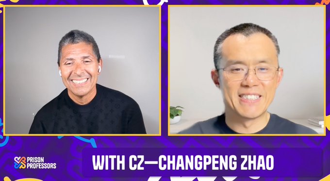 The image shows a video recording of two men smiling at the camera while discussing various topics related to prison education, financial literacy, AI, blockchain, and modern learning tools. The caption below the image provides more information about the conversation they had on these subjects.