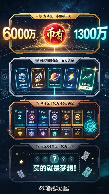 The image showcases the "BSC链4大战区" (BSC Chain 4 Battle Zones), displaying 6000万 and 1300万 figures for top-tier coins (MarsCoin, BNB), followed by an "elimination round winners' group" tier featuring projects like SUMMER, Optimus, Venuscoin, AOB, and bStocks, a middle "horn zone" of mid-cap tokens, and a hidden fourth zone of mystery. The visual layout directly illustrates the post's tier breakdown of BSC's market capitalization battlegrounds, from elite multi-million dollar projects down to speculative dream-chasing territory.