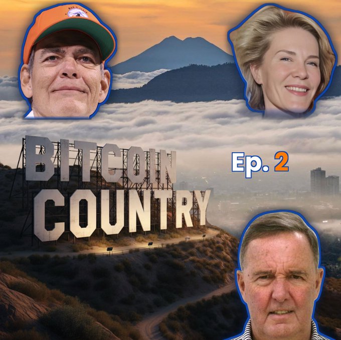 A YouTube-style thumbnail for 'BITCOIN COUNTRY Ep.2' featuring cutout photos of three people against a Hollywood-sign-style landscape with mountains.