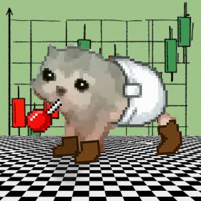 Pixel art meme of a white creature carrying a Bitcoin while walking past red and green candlestick charts on a checkered floor.