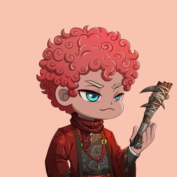 A chibi-style character with curly red hair, bright blue eyes, and a skeptical expression holds up a spiked weapon wrapped in bandages, wearing a red robe with beaded necklaces. The image appears to be a custom digital avatar used to represent the user claiming a GTD (guaranteed) spot for @playbandits, with the character's "degen" energy matching the post's self-deprecating tone about trying to claim while traveling.