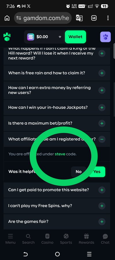 A mobile browser screenshot of gamdom.com displaying an FAQ section with a green circle highlighting the text 'You are affiliated under steve code.'
