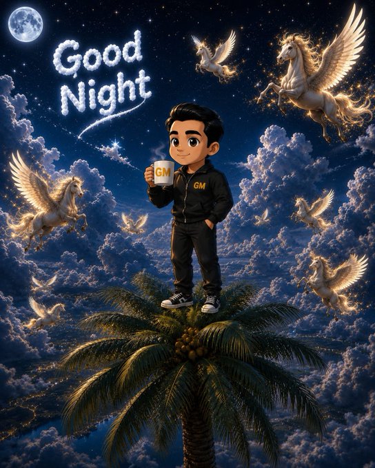 A fantasy digital artwork showing a young boy in a 'GM' (Good Morning) jacket holding a 'GN' mug standing on a palm tree at night, with 'Good Night' written in cloud letters and winged horses flying in the starry sky.