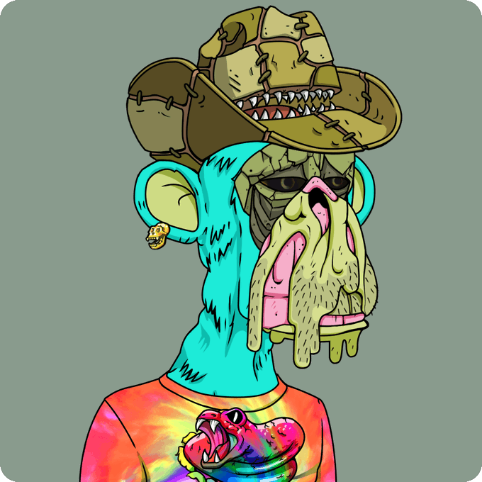 A cartoon-style illustration of a character with turquoise skin wearing a hat made of patched green material and a shirt featuring a snake design.