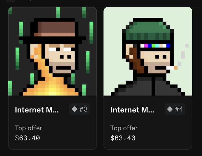Two CryptoPunk-style pixel art NFT characters labeled 'Internet M...' #3 and #4, both with a top offer of $63.40.