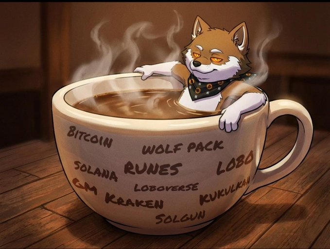 A Shiba Inu wearing a bandana relaxes in a steaming coffee mug labeled with crypto terms like "BITCOIN," "RUNES," "WOLF PACK," "LOBO," "LOBOVERSE," "KRAKEN," "SOLGUN," and "KUKULKAN," evoking a warm "good morning" vibe that ties into the post's call for the $LOBO community to rise together.