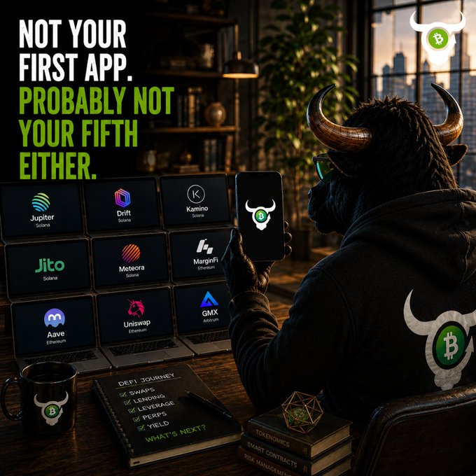 A promotional graphic featuring a horned bull character in a hoodie surrounded by laptop screens displaying DeFi apps (Jupiter, Drift, Kamino, Jito, Meteora, MarginFi, Aave, Uniswap, GMX), with the text 'NOT YOUR FIRST APP. PROBABLY NOT YOUR FIFTH EITHER.'