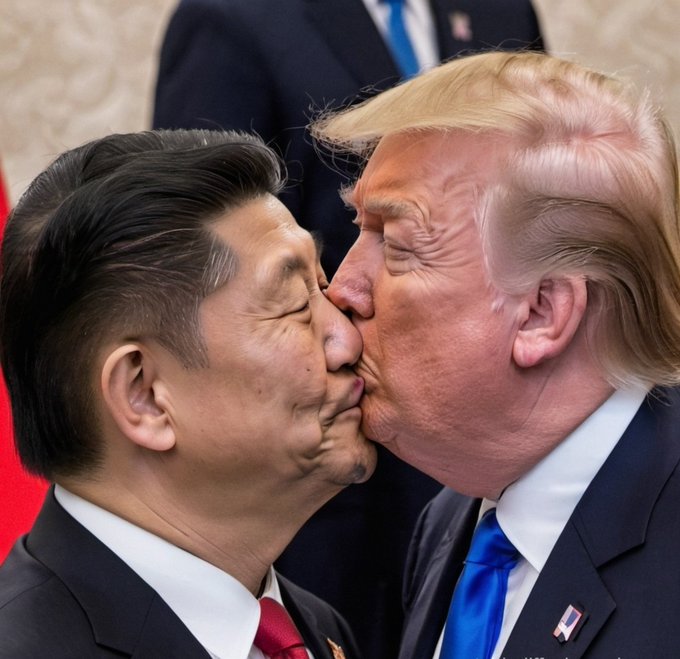 A photo of two men in suits appearing to kiss, though one image is an edited composite with features resembling Chinese President Xi Jinping and US President Donald Trump.