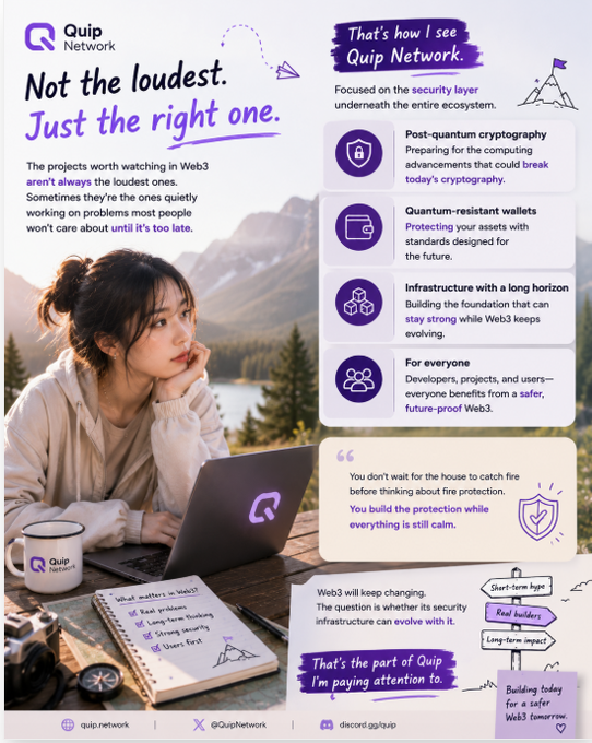 Promotional graphic for Quip Network titled 'Not the loudest. Just the right one.', highlighting Web3 security topics like post-quantum cryptography and quantum-resistant wallets, featuring a woman looking at a laptop with the Quip logo.
