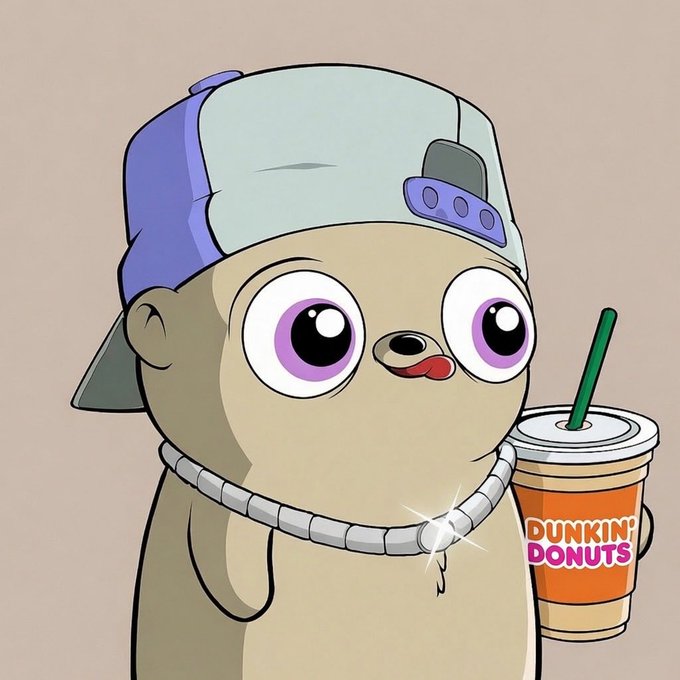 A cartoon seal-like character wearing a purple cap and chain necklace licks its lips while holding a Dunkin' Donuts cup with a green straw.