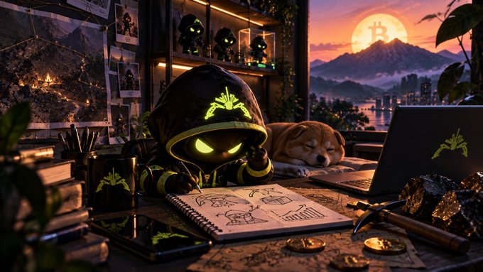 A digital illustration depicts a cute hooded character with glowing yellow eyes and a Bitcoin logo on its hood, sitting at a desk with a laptop and notebook, accompanied by a sleeping Shiba Inu dog, with a Bitcoin symbol visible in the sunset sky.
