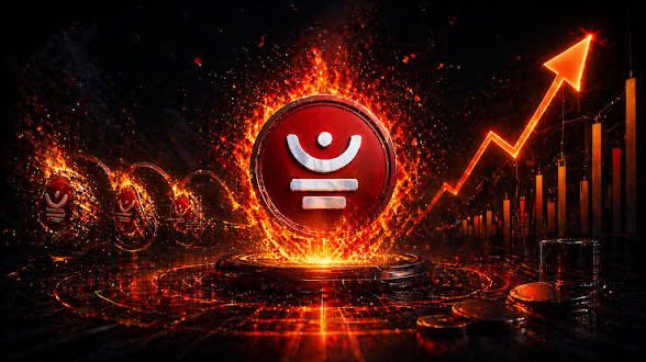 A fiery digital graphic displays a red cryptocurrency-style logo surrounded by flames, with an upward-pointing arrow and bar chart suggesting rising value.
