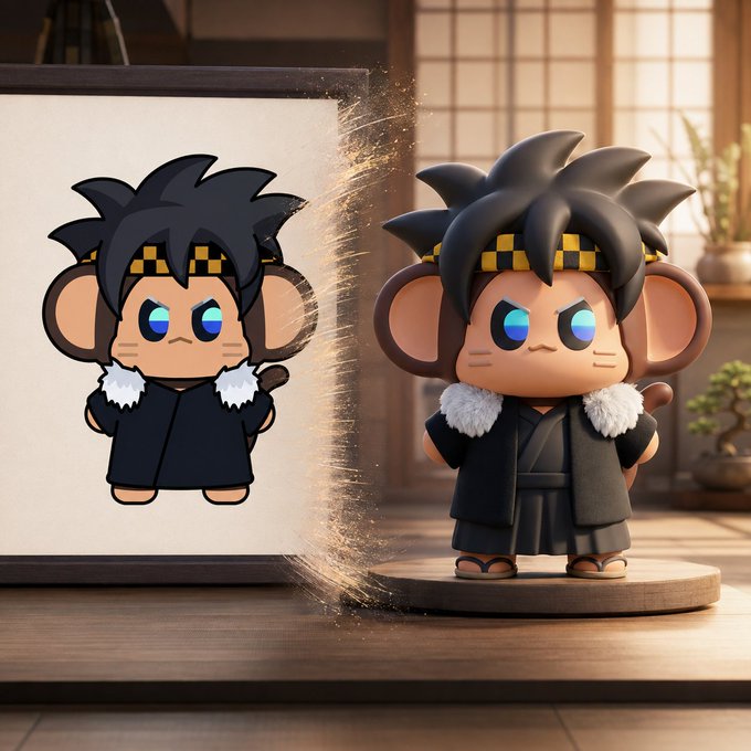 A side-by-side display showing a 2D sketch transforming into a 3D render of a cute mouse-like character with spiky black hair, a yellow-checkered headband, and a black robe with a white fur collar, set in a Japanese-style room.