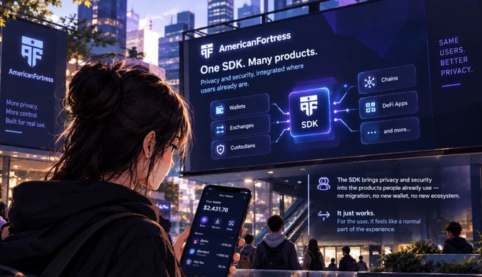 A promotional image for 'AmericanFortress' showing a person looking at a phone displaying a wallet balance of '$2,431.76', with text explaining their 'SDK' integrates privacy and security into products like Wallets, Exchanges, and Custodians.