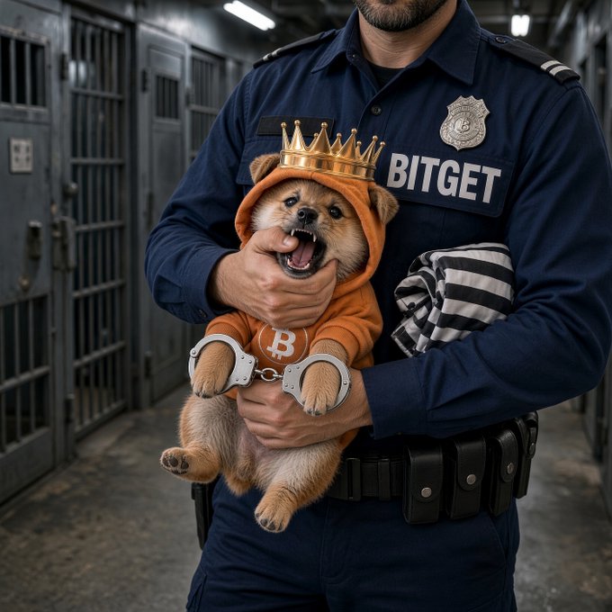 A police officer in uniform holds a small dog wearing an orange hoodie with a Bitcoin logo and a gold crown, with 'BITGET' text visible on the officer's vest, set in what appears to be a jail cell environment.