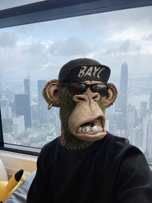 A person wearing a realistic green monkey mask with bared teeth, sunglasses, and a black 'BAPE' cap, posing in front of a window with a Hong Kong skyline view.