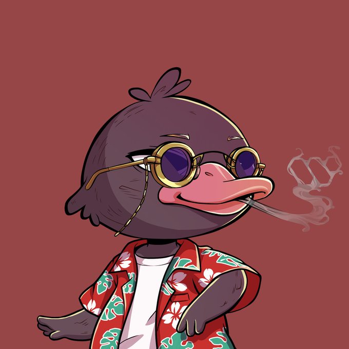 A cartoon character wearing a red Hawaiian shirt and glasses poses for a picture while smoking a cigarette with black eyes. The caption above the image says "wallchain quack heads feel like the 2001 NFT META MEETING ATTENTIONFI! The bigger trend is simple: creator distribution is becoming measurable inventory. If real influence gets scored across millions of accounts, fake KOL reach gets repriced down". Focus on what is in the image and how it relates to the post.