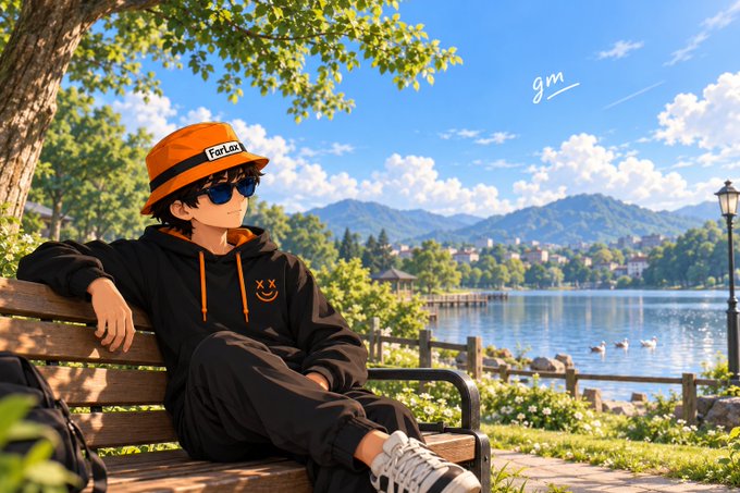 An anime-style illustration of a young man wearing an orange bucket hat, sunglasses, and a black hoodie, relaxing on a park bench overlooking a scenic lake and mountains, with 'gm' written in the sky.