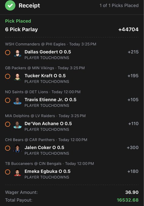 A mobile sports betting receipt shows a successful 6 Pick Parlay with a wager of 36.90 and a total payout of 16532.68, including NFL player touchdown props.