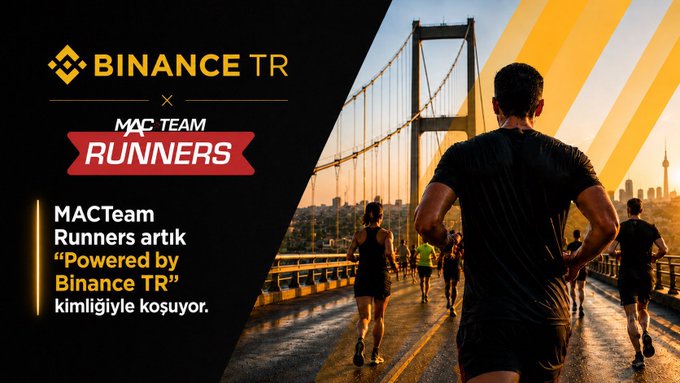 A promotional banner announcing a partnership between 'BINANCE TR' and 'MAC TEAM RUNNERS', stating that MAC Team Runners now runs under the 'Powered by Binance TR' identity, featuring runners on a bridge.
