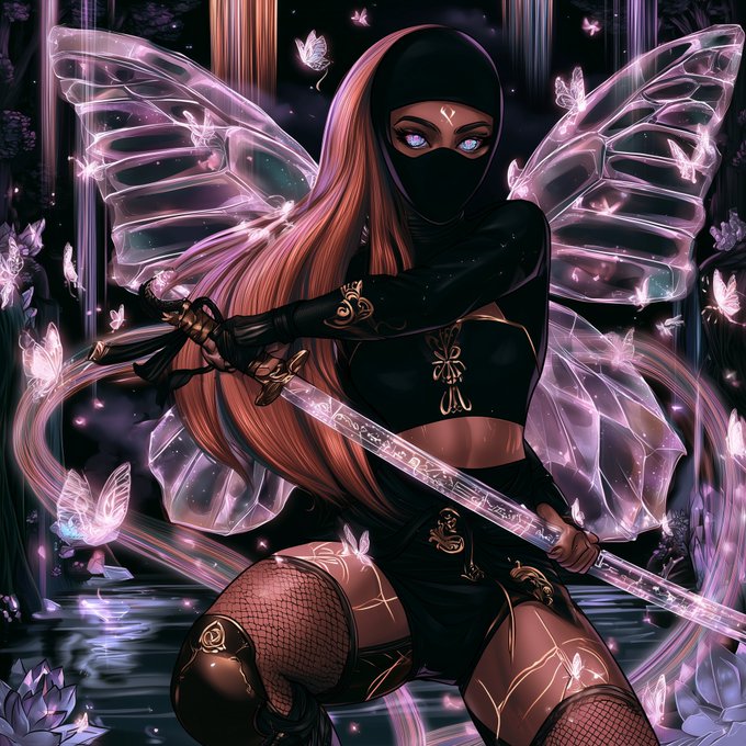 A digital fantasy illustration of a masked female warrior with long brown hair and glowing blue eyes, wearing a black outfit with golden accents, fishnet stockings, and translucent butterfly wings, wielding a glowing sword amidst butterflies and crystals.