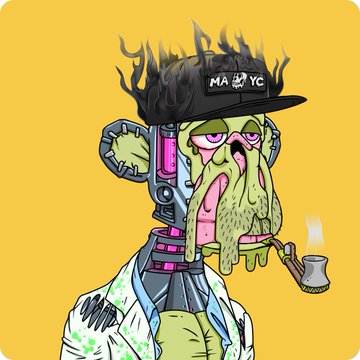 A stylized green mutant ape wearing a black cap with the text "MAYC" (Mutant Ape Yacht Club) smokes a pipe, visually representing the NFT collection celebrating its five-year anniversary. The cartoonish, grotesque design—with dripping textures, punk-style spiked hair, and graffiti accents—reflects the edgy, rebellious aesthetic the collection is known for.