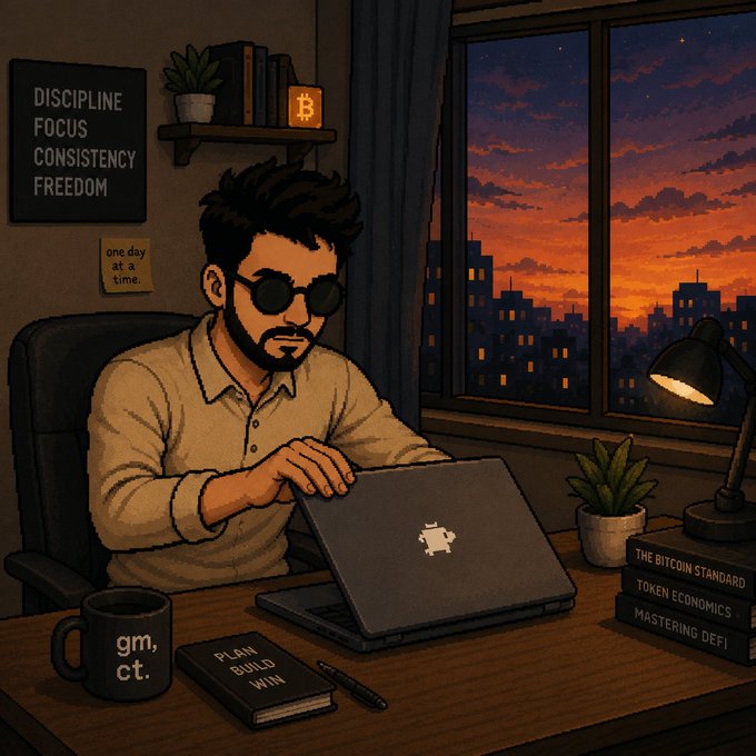 A stylized illustration of a bearded man wearing sunglasses working on a laptop in a dimly lit room at sunset, with a 'DISCIPLINE FOCUS CONSISTENCY FREEDOM' poster and crypto-themed books including 'The Bitcoin Standard' and 'Mastering DeFi'.