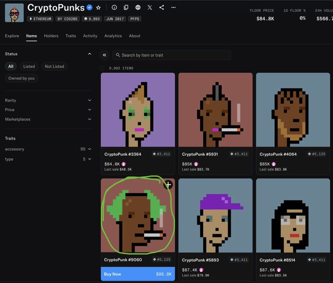 A user browses the CryptoPunks marketplace on the Ethereum network (blockchain 0x35285), showing a floor price of $84.8K and 9,993 items. The image highlights CryptoPunk #9060 (priced at $86.8K) which has been circled in green, featuring a green-haired character that matches the user's mood following the AbstractChain closure announcement while keeping an abstract vibe through the green hair.