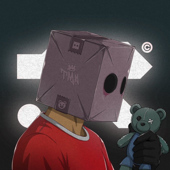 A dark, edgy digital illustration of a figure wearing a cardboard box on its head with small eye holes and markings, holding a small teal teddy bear against a moody background.