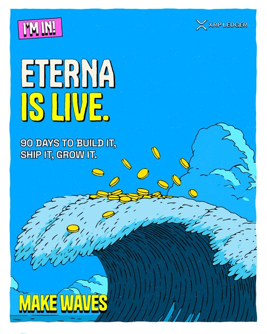 A promotional poster with the XRP Ledger logo reading 'ETERNA IS LIVE. 90 DAYS TO BUILD IT, SHIP IT, GROW IT. MAKE WAVES.'