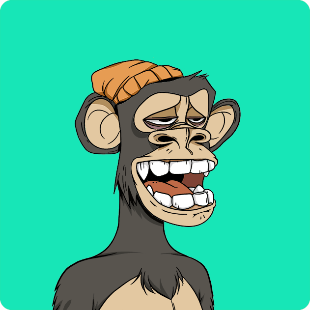 The image features a cartoon monkey with a hat, wearing an orange beanie that matches its outfit. The monkey has a big smile on its face and appears to be laughing or making a funny face for the camera. The background of the image is blue, which contrasts nicely with the monkey's attire and adds depth to the scene. The caption below the image reads: "Ape #9284 Bought for 7.75 WETH 0xbce3...c8c3 0xD7AD ... opensea.io/collection/bor ... bored ape yacht club".