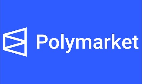 A blue logo screen for 'Polymarket' featuring a white geometric icon to the left of the brand name.