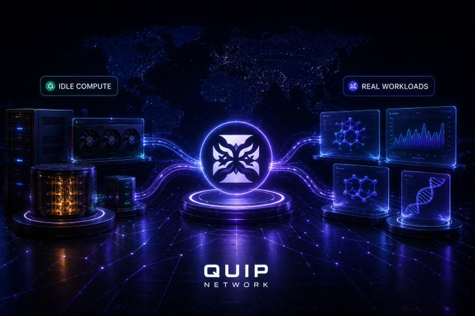 A futuristic digital graphic for 'Quip Network' showing a central glowing logo connecting 'Idle Compute' computer hardware on the left to 'Real Workloads' featuring molecular models, DNA helix, and data visualizations on the right.