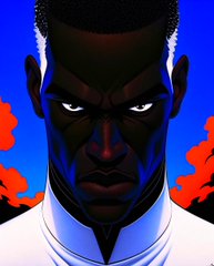A stylized digital illustration features a dark-skinned man with a serious expression, glowing white eyes, and a high-collared white and blue outfit against a vibrant blue and red background, evoking a superhero aesthetic that fits the energetic announcement of a live "daily show" returning to discuss Web 3, news, and entertainment.