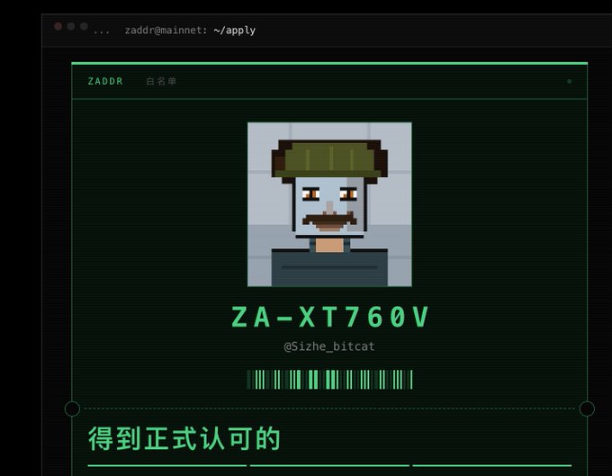 A digital interface displays a pixel-art avatar wearing a green cap, with the text 'ZADDR', '白名单', 'ZA-XT760V', and '@Sizhe_bitcat', plus a barcode and Chinese characters.