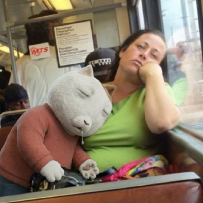 A woman dozes on public transit (MTS) next to a sleeping white cat plushie with drool dripping from its mouth—capturing the "sleeping giant" theme of $Ket memecoin, which waits quietly before its moment to wake up.