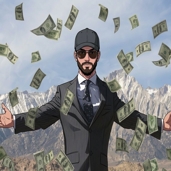 An illustrated image shows a bearded man in a suit and sunglasses with his arms outstretched as US dollar bills rain down around him against a mountain backdrop.