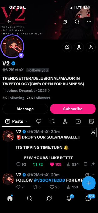 A mobile screenshot of a Twitter/X profile for 'V2 (@V2MetaX)' promoting a 'TRENDSETTER/DELUSIONAL/MAJOR IN TWEETOLOGY (DM'S OPEN FOR BUSINESS)' account with posts about 'SOLANA WALLET' and 'TIPPING TIME'.
