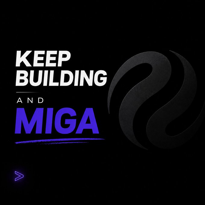 A graphic with a black background displaying the text 'KEEP BUILDING AND MIGA' in white and purple lettering, alongside a dark abstract logo.