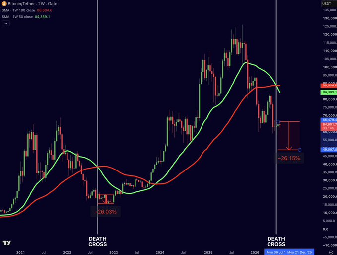 The image is a weekly candlestick chart of Bitcoin/Tether (BTCUSD) on the 2W time frame at Gate, showing two "DEATH CROSS" events marked at the 50-week and 100-week moving averages—one in 2022 with a -26.03% drop and the current one in late 2026 with a -26.15% decline marked on the right side. The chart illustrates the post's claim that Bitcoin has triggered a weekly death cross similar to the 2022 bear market, with a comparable percentage drop already playing out at the time of the signal.