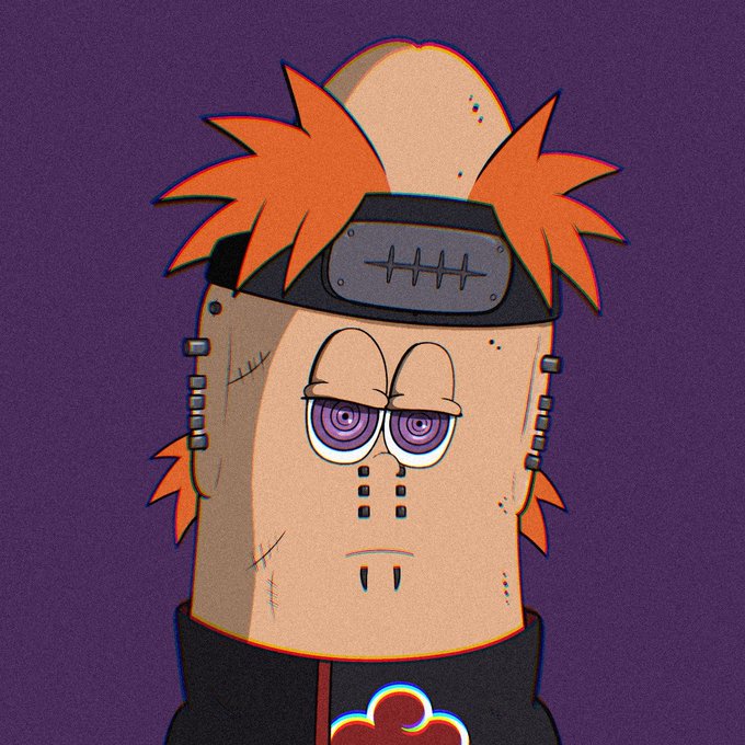 A cartoon character, possibly an NFT, is depicted in the style of Pain from Naruto, complete with the Hidden Leaf Village headband and Sharingan eyes. This image visually reinforces the post's message of embracing NFTs for the new month.