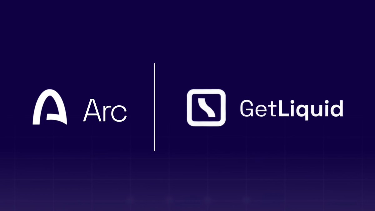 A graphic on a dark blue background displays two company logos side by side separated by a vertical line: 'Arc' on the left and 'GetLiquid' on the right.