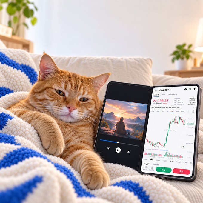 An orange tabby cat lounges on a blue and white striped blanket beside a foldable phone displaying a scenic mountain video on one screen and a BTC/USDT trading chart showing a price of 77,338.37 with Buy/Sell buttons on the other—perfectly capturing the "weekend off" duo mode of relaxation and crypto trading.